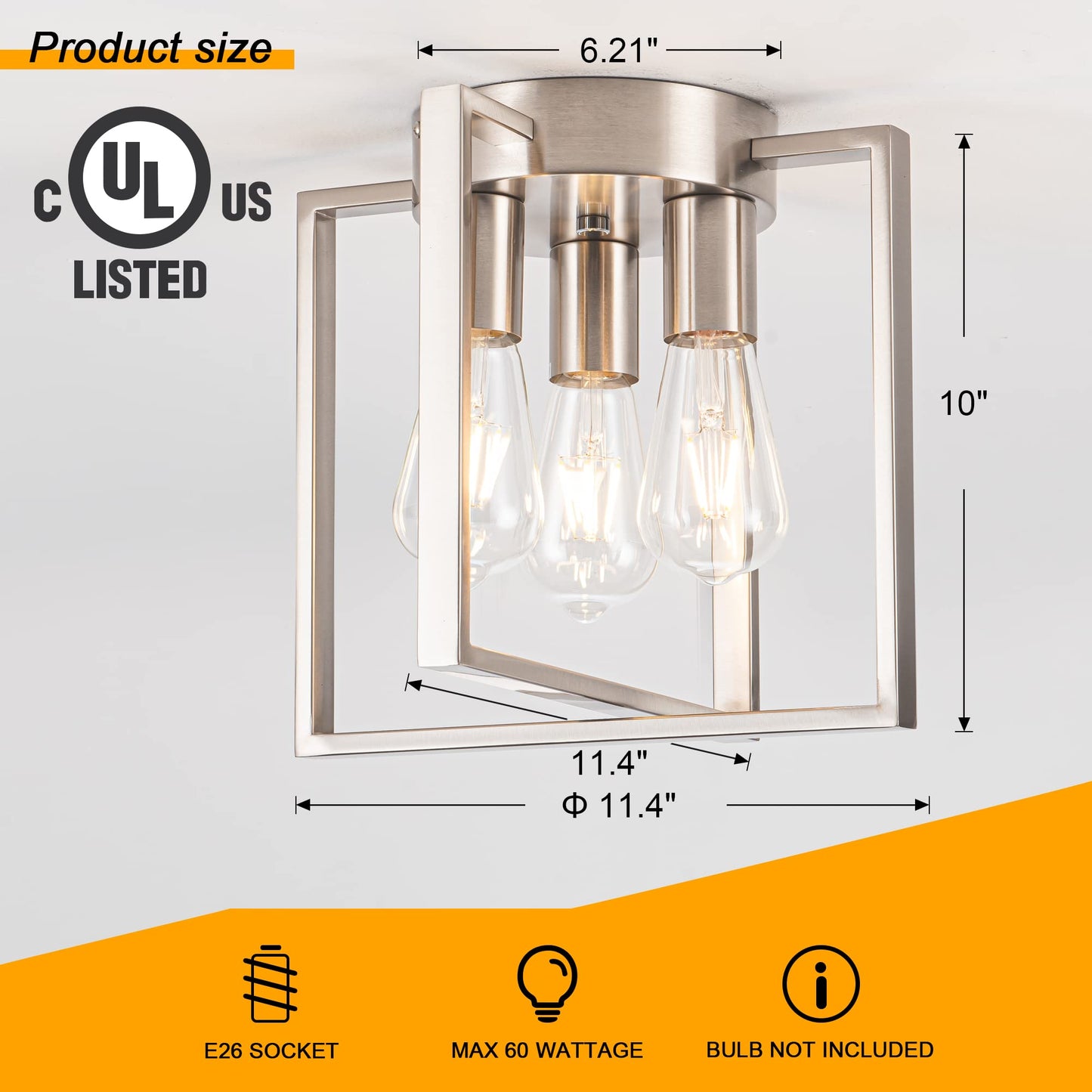 Edzemuwa 3-Light Flush Mount Light Fixture,Brushed Nickel Metal Frame Ceiling Light Fixture with Contemporary Geometric Metal Cage,for Living Room Kitchen Dining Room Bedrooms Foyer Hallways,