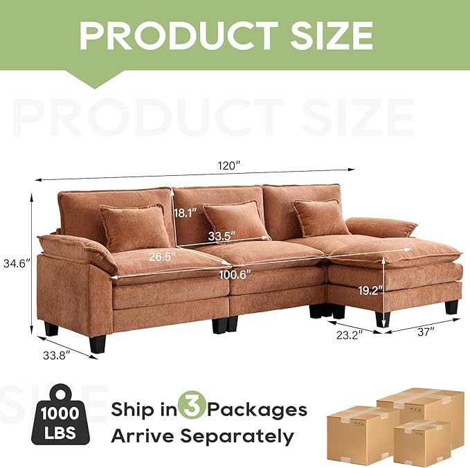 Oprisen 120" Modular Sectional Sofa, Comfy Cloud Couch Sectional Sofa with Ottoman, Chenille Sofa Sleeper Deep Seat Sofa with Throw Pillows for Living Room (Orange, 120"- L Shape)