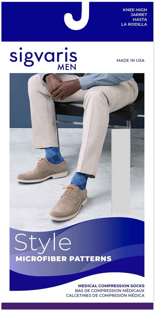 Sigvaris Men’s Style Microfiber Patterns 830 Closed Toe Calf-High Socks 20-30mmHg - Graphit - Chevron Medium Short