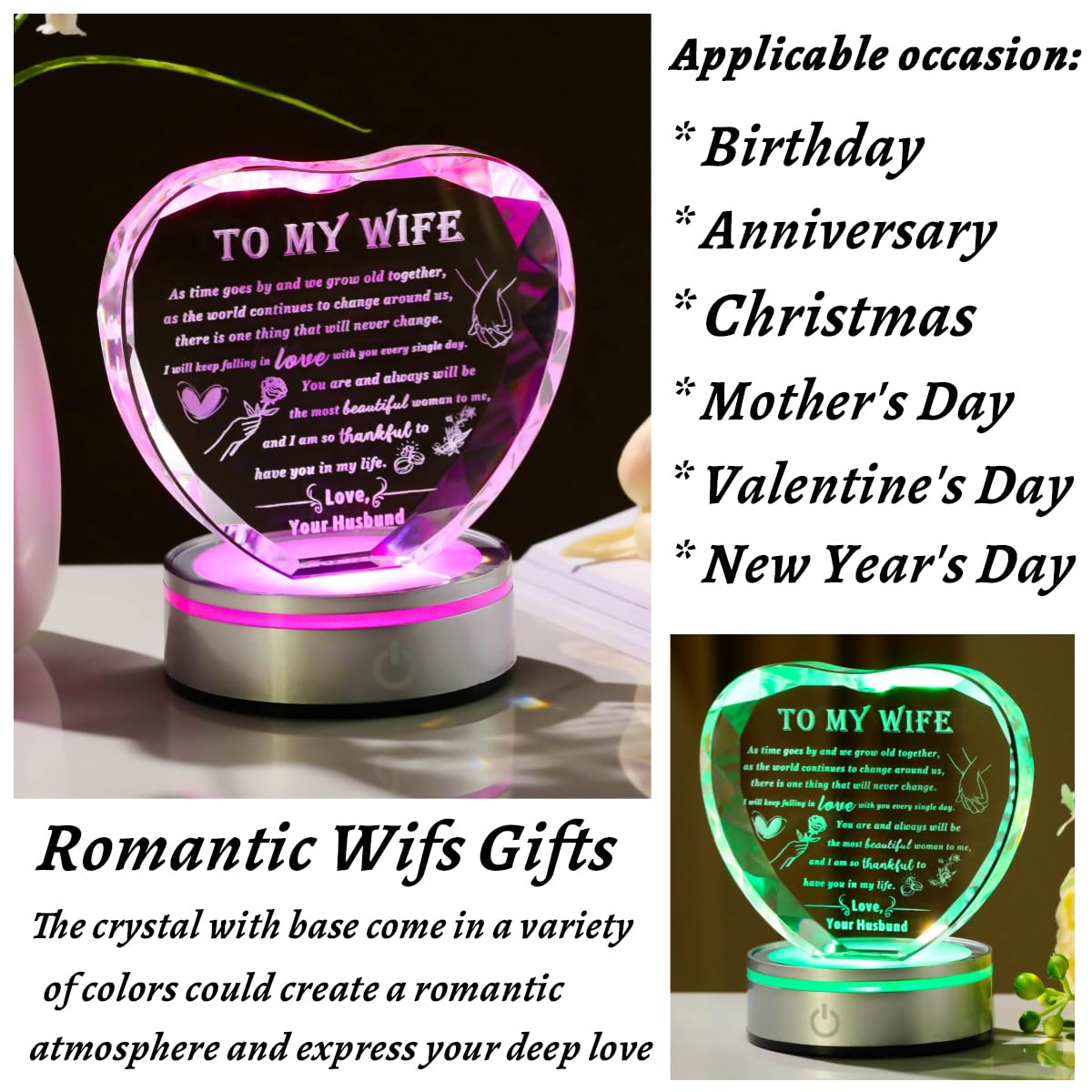 Qianwei Romantic Gifts for Wife with Colorful LED Base - Heart Crystal Unique Gifts for Anniversary, Birthday, Valentine's Day
