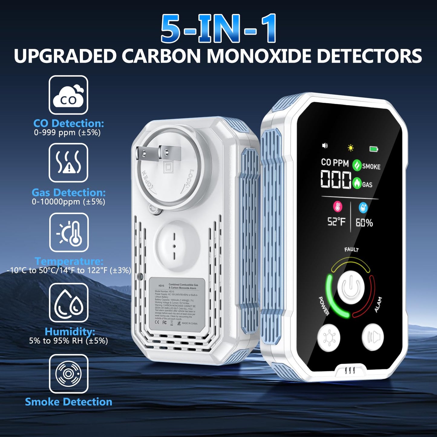 CSCL 5-in-1 Carbon Monoxide Detectors Plug in, Natural Gas & Smoke & Carbon Monoxide Detector with Temperature Humidity Display, Portable CO Detector & Gas Leak Detector for Travel, Home, RV