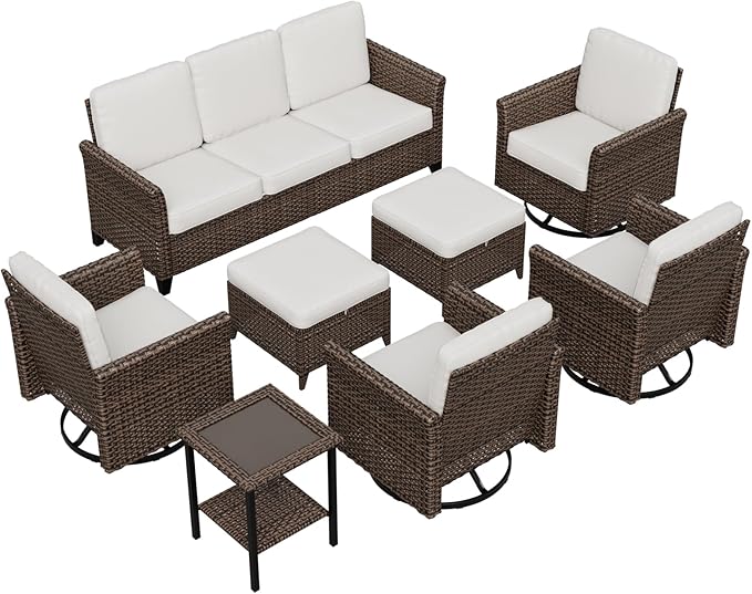 COOS BAY Harbor Retreat 8 Piece Outdoor Furniture Set, Patio Conversation Set with 4 Swivel Rocking Chairs, 3 Seat Couch, Side Table & Ottomans, Wicker Furniture, Brown/Beige