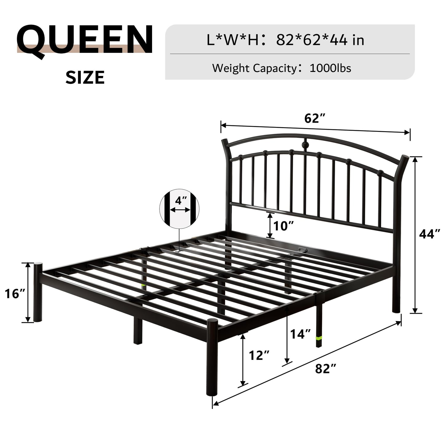iPormis Queen Size Metal Platform Bed Frame with Modern Iron-Art Headboard/Heavy Duty Steel Slats Support/Under Bed Storage/No Box Spring Needed/Easy Assembly/Noise-Free/Black