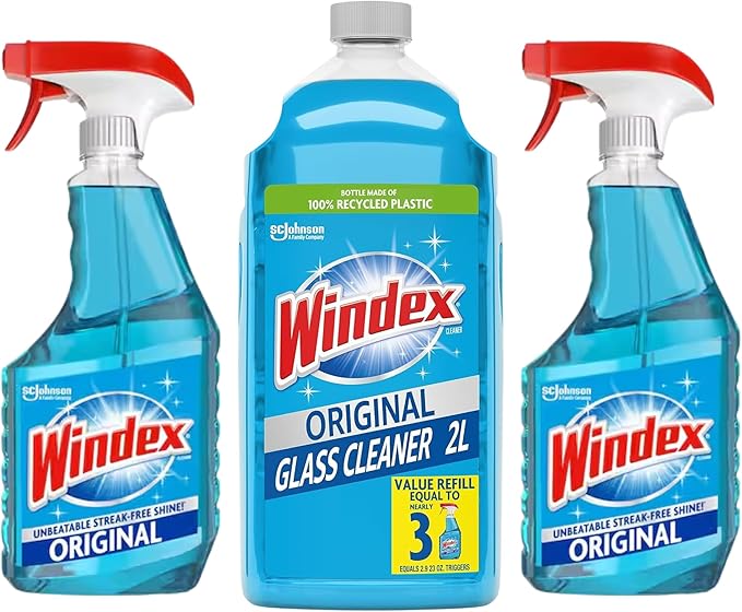 Windex Original Glass Cleaner, 2 spray bottles + 67 fl. oz. Refill - Total 113 fl. oz