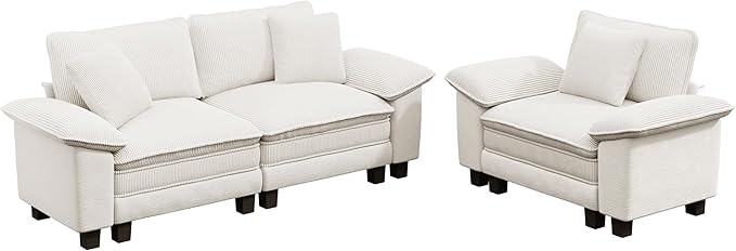 PHI VILLA Cloud Modular Couches Sets, 2 Pieces Sectional Sofa Set with Loveseat, 3-Seater Comfy Couch for Living Room Small Spaces, Chenille Corduroy Dual Fabric, Beige