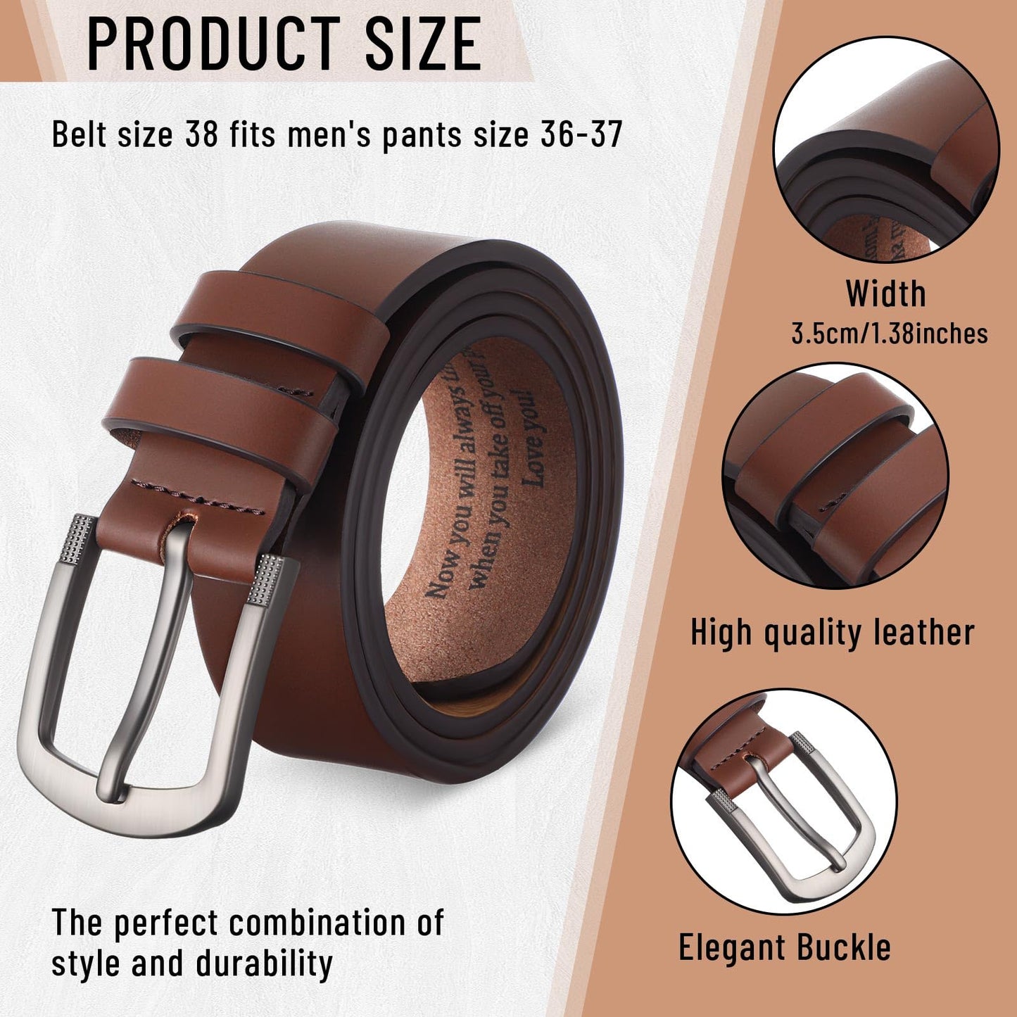 Bunnycool Mens Belt Gift Husband Personalized Belts for Men Engraved Leather Gift for Him Birthday Anniversary Wedding(Brown,36(waist34-35))
