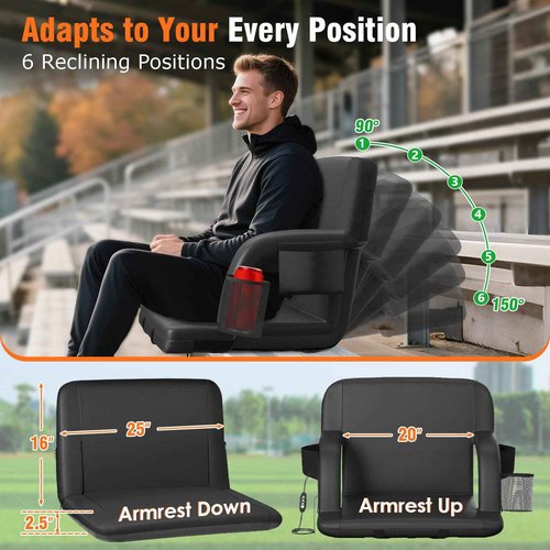Suteck Dual-Side Heated Stadium Seat with Back Support, 25" Wide Cushion, Foldable Bleacher Chair W/USB 3-Level Heating, 5 Storage Pockets – Portable Stadium Chair for Outdoor Bleachers Camping Games