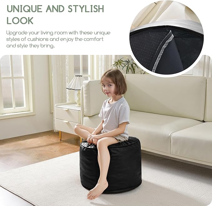 HIGOGOGO Round Stuffed Pouf Ottoman, Pu Leather Poufs with Foam Chunk Filling, Furry and Fluffy Pouf Foot Stool Storage Ottoman, 26 X 18 Floor Poufs Foot Rest for Living Room, Black