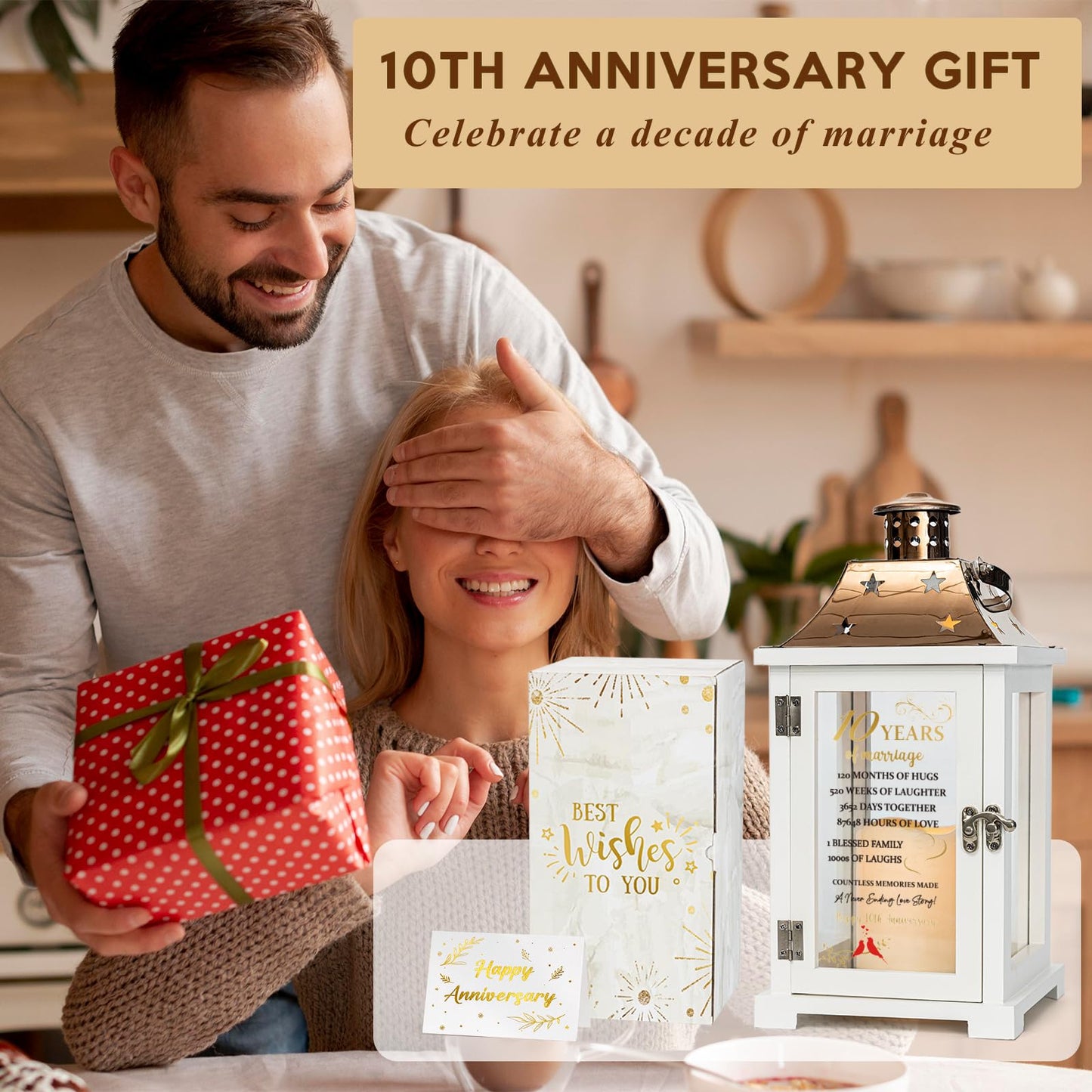 10th Wedding Anniversary Lantern, Happy 10 Years Anniversary Ideas Gift for Wife Husband Couple Parents, Unique Marriage Keepsake Decoration for Him Her Friends