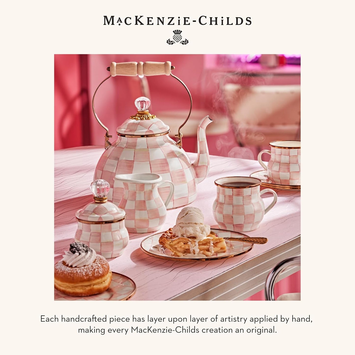 MACKENZIE-CHILDS Enamel Dinner Plate, Decorative Dinnerware Plate, 10 Inches, Set of 4, Pink-and-White Rosy Check