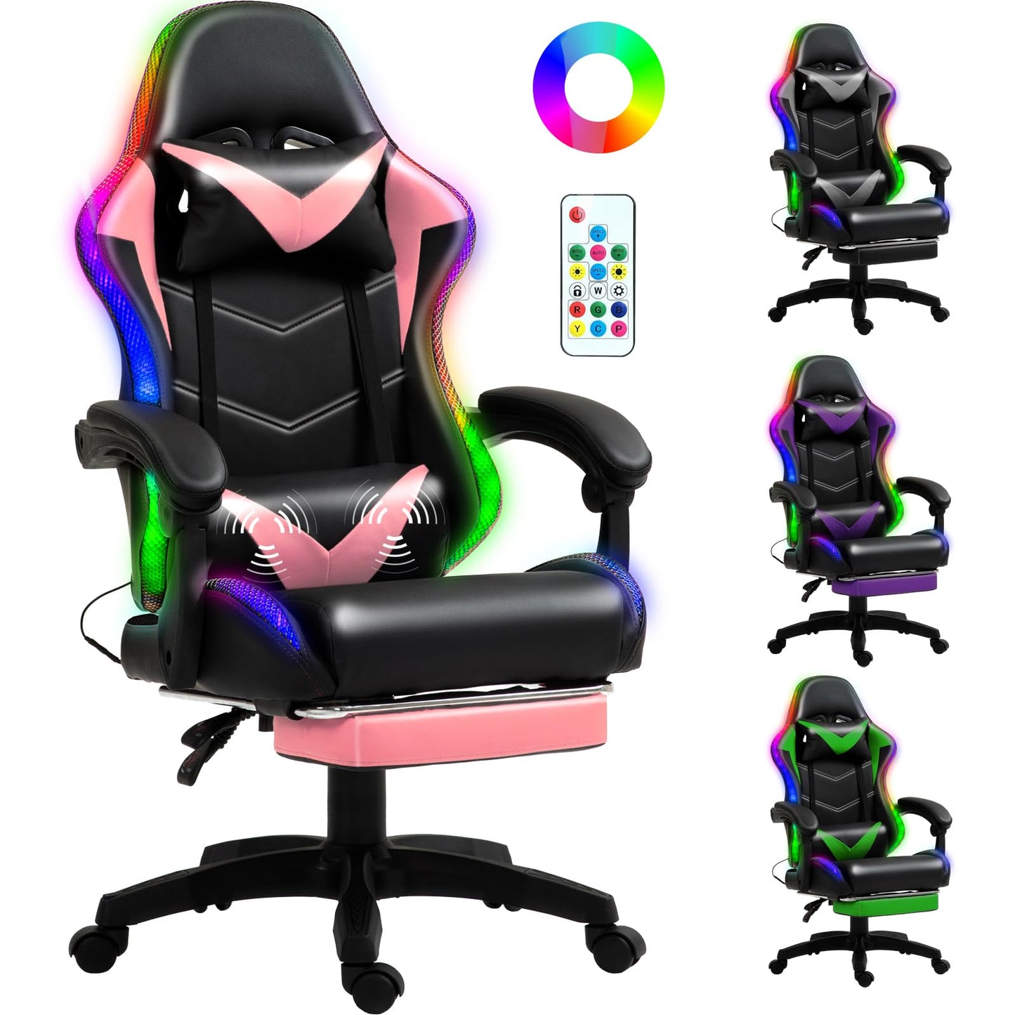 Czlolo Gaming Chair, Racing Style RGB LED Lights Gaming Chairs for Adults and Kids, Lumbar Massager Gamer Chair, High Back Reclining Computer Chair with Footrest and Headrest (Black/Pink)