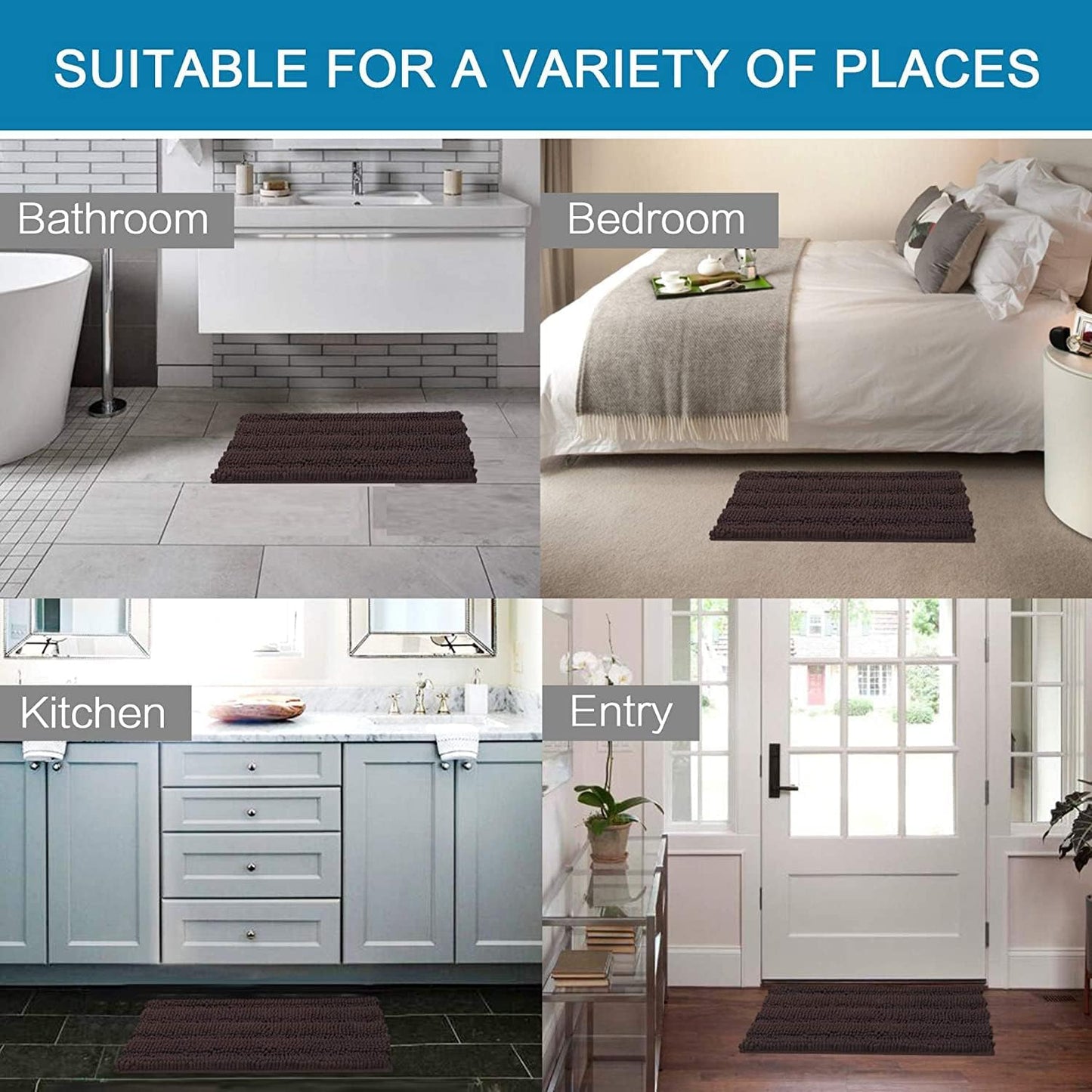H.VERSAILTEX Bathroom Rugs Bath Rugs for Bathroom Non Slip Bath Mats Extra Thick Chenille Striped Rug 17" x 24" Absorbent Soft Shaggy Washable Dry Fast Bath Mats for Bath Room Floor - Chocolate