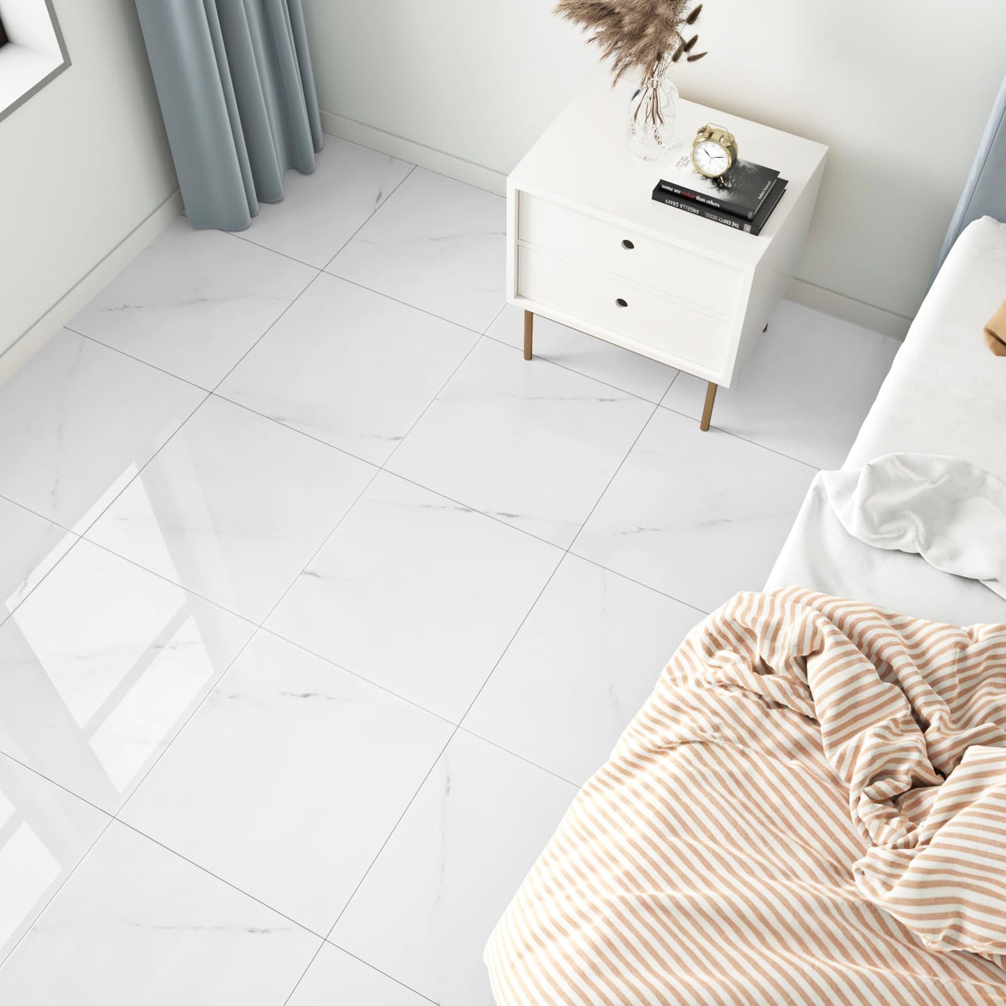 WESTICK White Marble Bathroom Stick on Floor Tiles Peel and Stick Waterproof Vinyl Flooring Adhesive Flooring Tiles for Kitchen Bedroom Camper 12 x 12 in 5 PCS