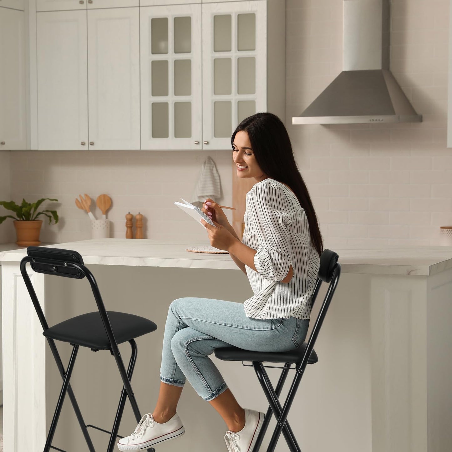 Thyle 2 Pcs Folding Bar Stool with Backrest, Tall Foldable Stool Chair Portable High Folding Bar Chair Counter Height Seat Leather Padded for Kitchen Island Shop Cafe Dining Room Black (27.5 Inch)