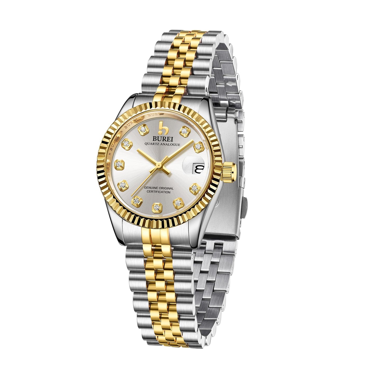 BUREI Women's Golden Watch Silver Stainless Steel Classic Quartz Women Watches with Date Fashion Business Small Face Diamond Waterproof Ladies Watches,Gift for Women