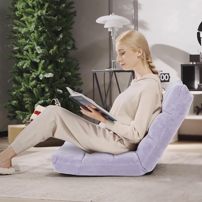 MAT EXPERT 14-Position Floor Chair, Floor Gaming Chair w/Soft Coral Fleece, Alloy Steel Frame, Padded Lazy Couch Recliner, Floor Chair w/Back Support for Reading, Meditating (Light Purple)