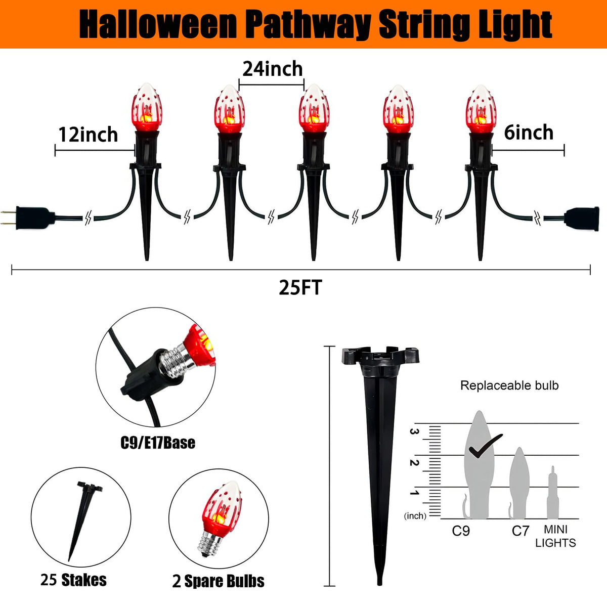 C9 Halloween Pathway Lights Outdoor, 38Ft Halloween Blood Teardrop Pathway String Lights with 25 C9 Flicker Flame Lights, Halloween Decoration Walkway Lights for Outdoor Pathways Gardens and Yards