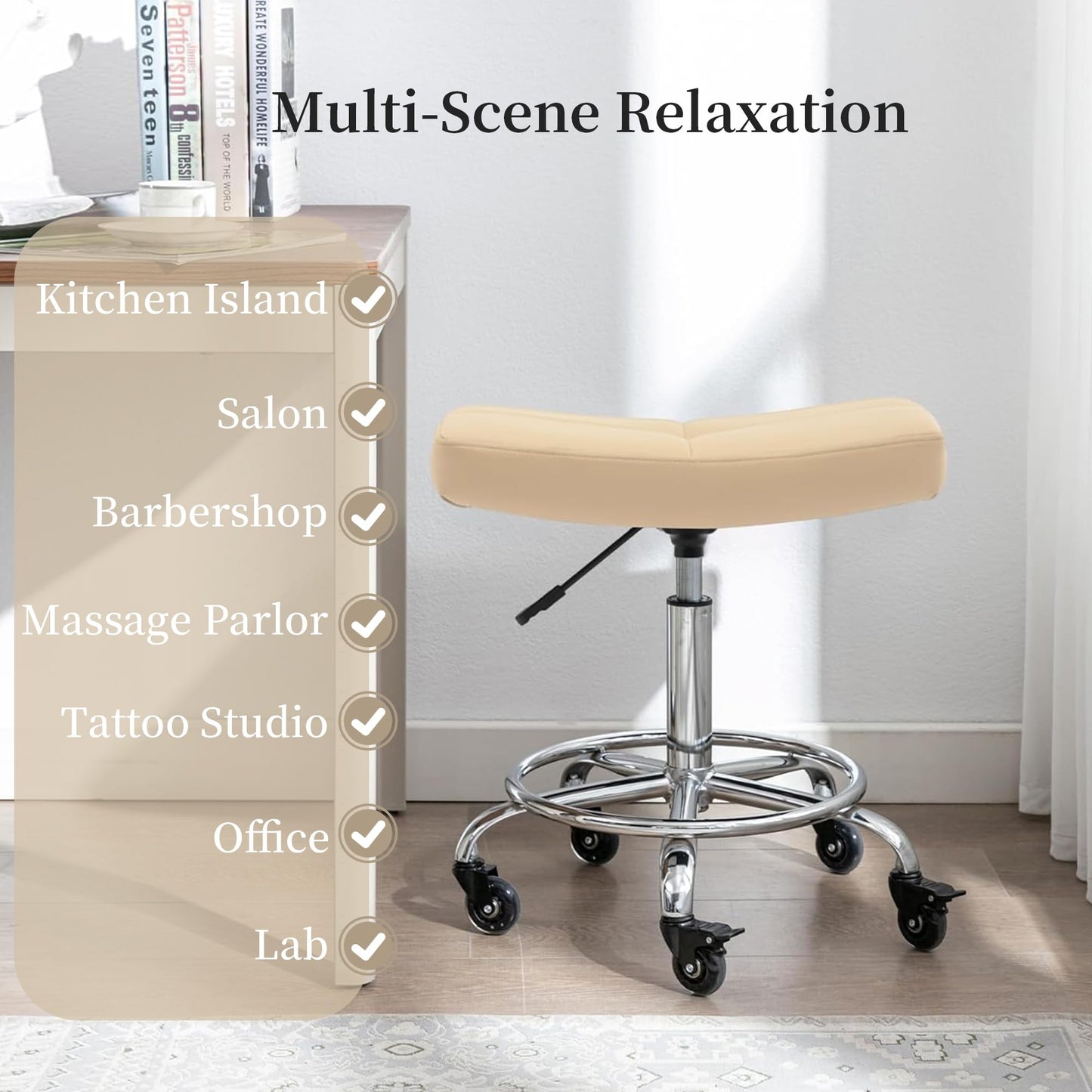 CoVibrant Heavy Duty Adjustable Rolling Stool with Wide Seat, Lockable Rubber Wheels & Footrest - Swivel Stool Chair for Kitchen, Lab, Office, Salon, Home (Cream, 19''-24'')