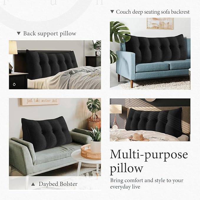 Wedge Headboard Pillow Dorm Room Reading Pillow Back Support for Sitting Up in Bed Bolster Lumbar Cushion Body Positioning Bedrest Corduroy (Black, Twin (39 * 8 * 20in))