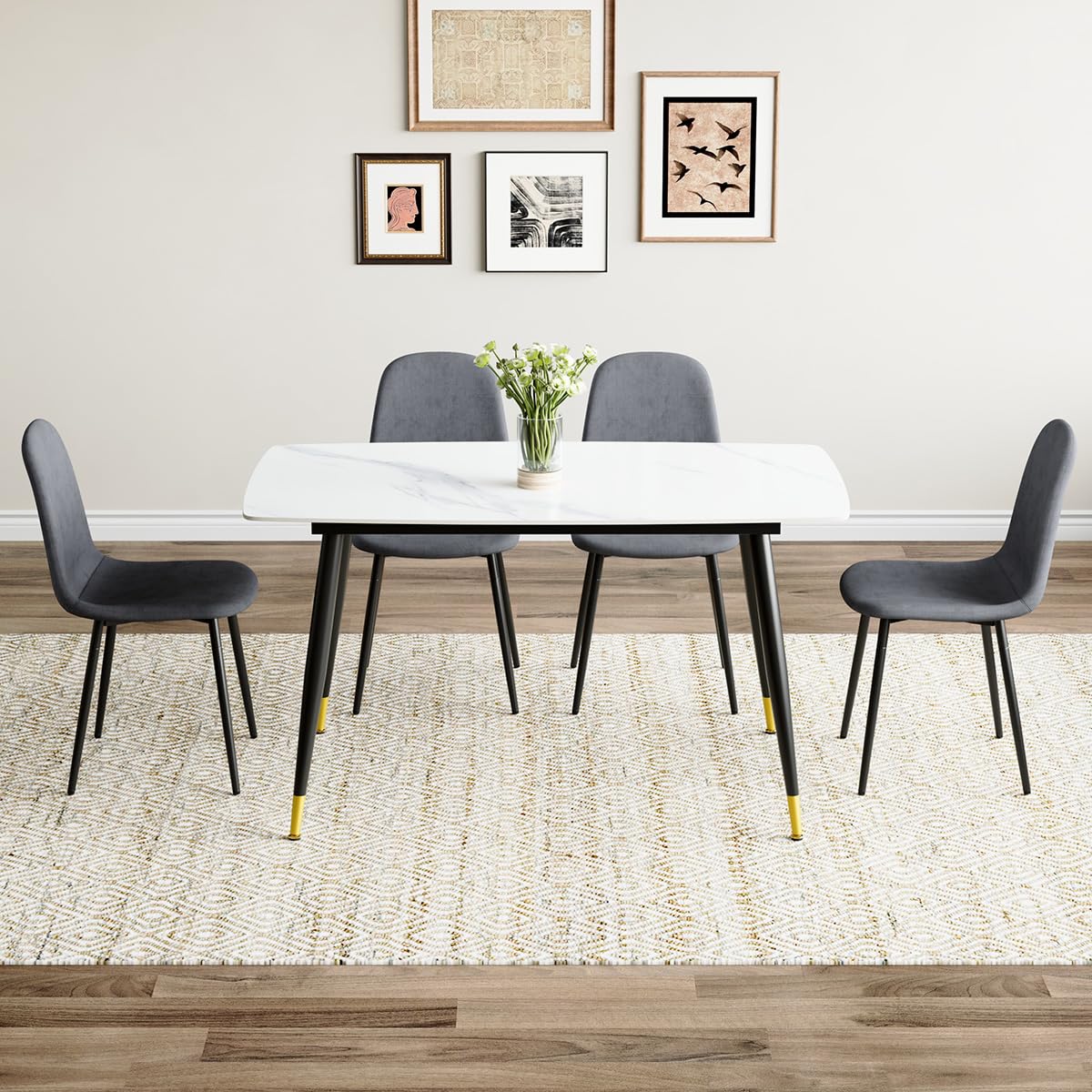 UELKS 5 Piece Dining Table Set,4 Chair Dining Table Set, Sintered Stone Kitchen Table Top and Modern Chairs Set of 4 for Kitchen Dining Room, Small Space
