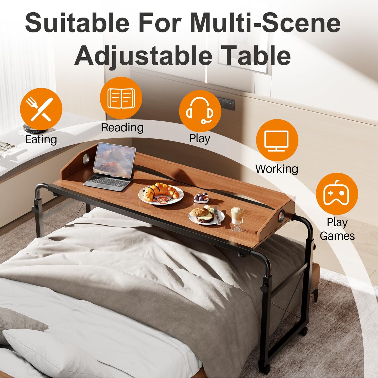 BYMECOST Laptop Desk for Bed, Adjustable Height & Length Laptop Bed Table,Overbed Table with Wheels for King & Queen Size Beds,Rolling Standing Desk,Over Bed Table for Working Reading Eating