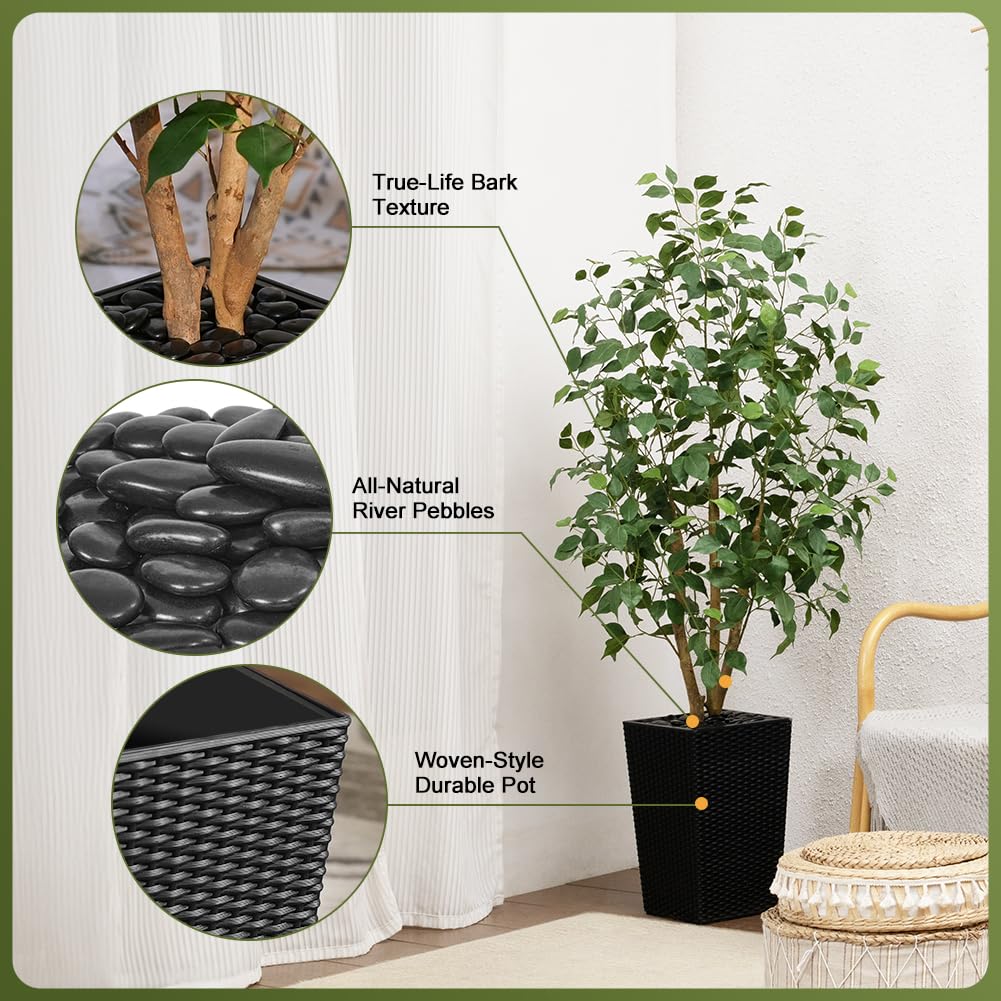 VeriNatural 5ft Artificial Ficus Tree,Tall Faux Tree with Silk Leaves & Real Wood Trunk,UV Resistant Potted Fake Plant with Pebbles & Planter-Indoor Outdoor Floor Plant for Home,Living Room,VN129