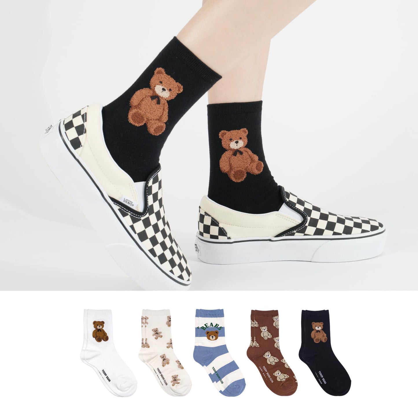 kikiya socks Women Cute Crew | 5 Pairs Cute Bear Character Graphic Print and Striped Designed White Black Ivory Brown Colored Daily Cotton Socks | Womens Ladies Girls Gift | Bear B