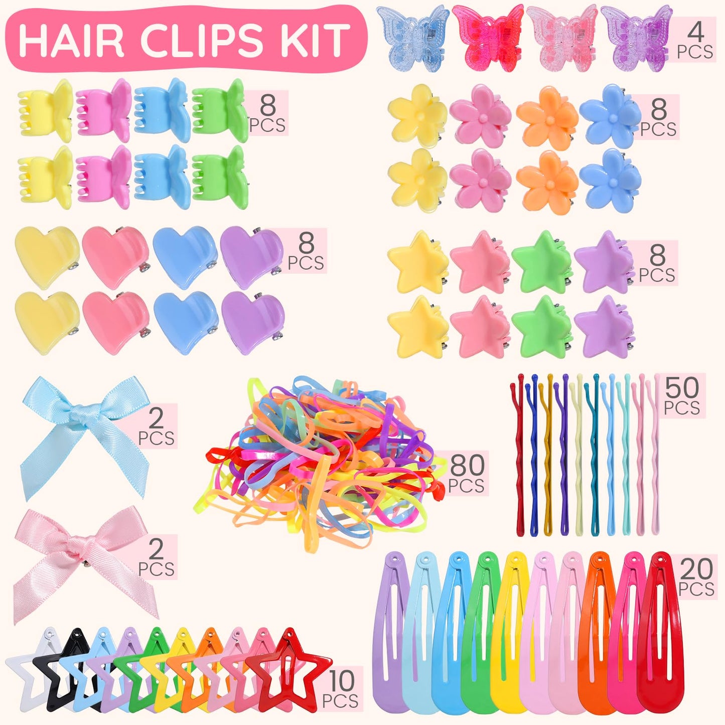 Teenitor Hair Accessories for Girls 193pcs Hair Clips Kit Toddler Hair Accessories, Mini Hair Clips for Girls, Small Claw Clips Bobby Pins and Elastic Hair Ties
