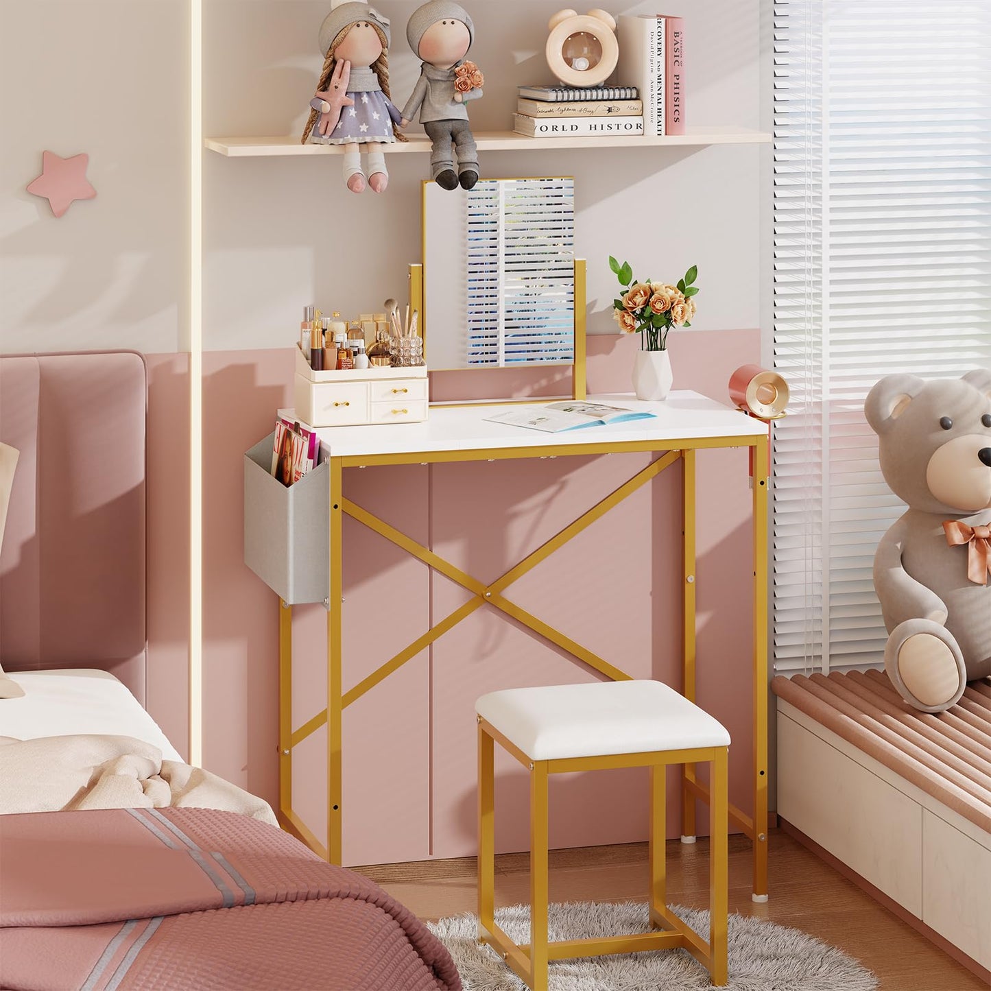 Makeup Vanity Set with 360°Rotating Mirror amd PU Leather Chair, Compact Small Vanity Desk with Side Pocket for small space, Dressing Table for Bedroom, Cheap Gold and White Vanity for Girls and Women