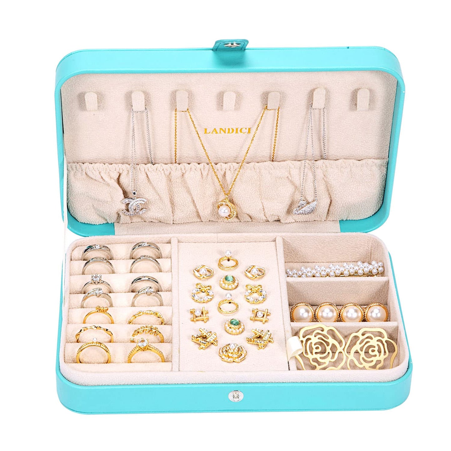 LANDICI Small Jewelry Box for Women Girls, PU Leather Travel Jewelry Organizer Case, Portable Jewellery Storage Holder Display f