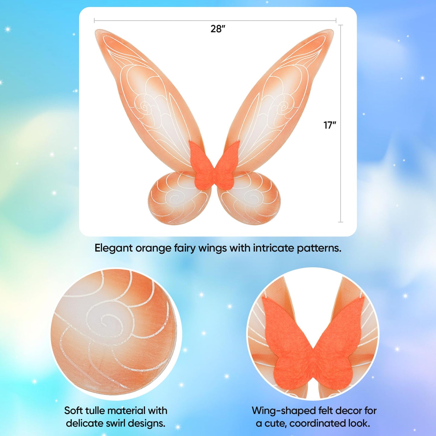 Funcredible Orange Fairy Wings, Fairy Crown and Glitter - Fairy Costume Accessories - Butterfly Costume for Women and Girls - Halloween Costumes for Women
