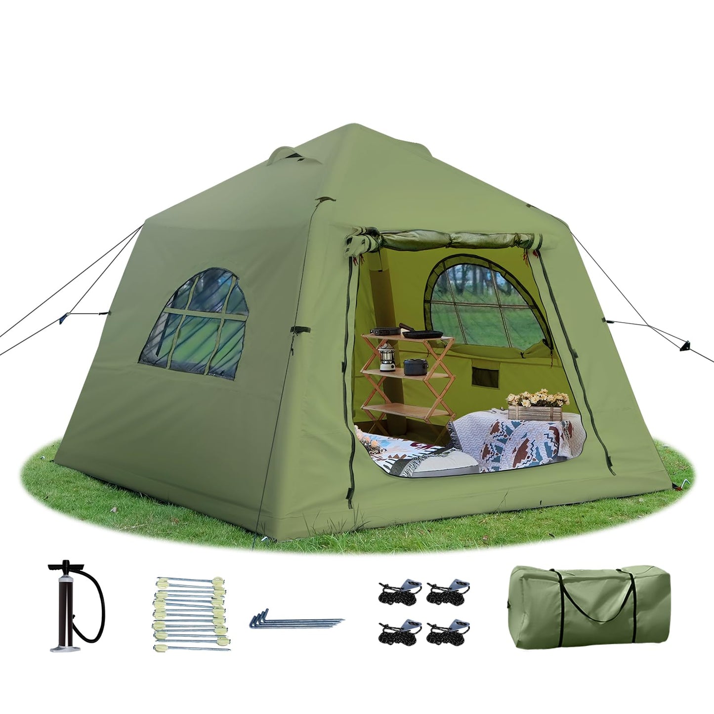 KNUO Inflatable Tent for Winter Camping 7.8x7.8ft Blow Up Air Tents, No Assembly Needed Luxury Glamping Tent for 1/2/3 People, Waterproof Oxford, Field Green