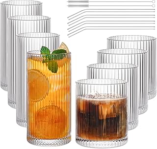 AUFXKOO Set of 8 Vintage Ribbed Glassware,4 Highball Glasses 12 oz,4 Rocks Drinking Glasses 14 oz,Ribbed Cocktail Glass Cu...
