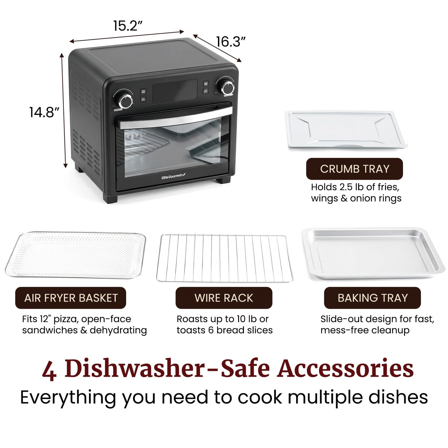 Elite Gourmet EAF9320 23L Air Fryer Toaster Oven, 10-in-1 Digital Convection Countertop Oven, Dual Fan Speeds, Air Fry, Bake, Broil, Toast, Dehydrate, 1600W w/Air Fry Rack, Bake Rack & Pan, Black