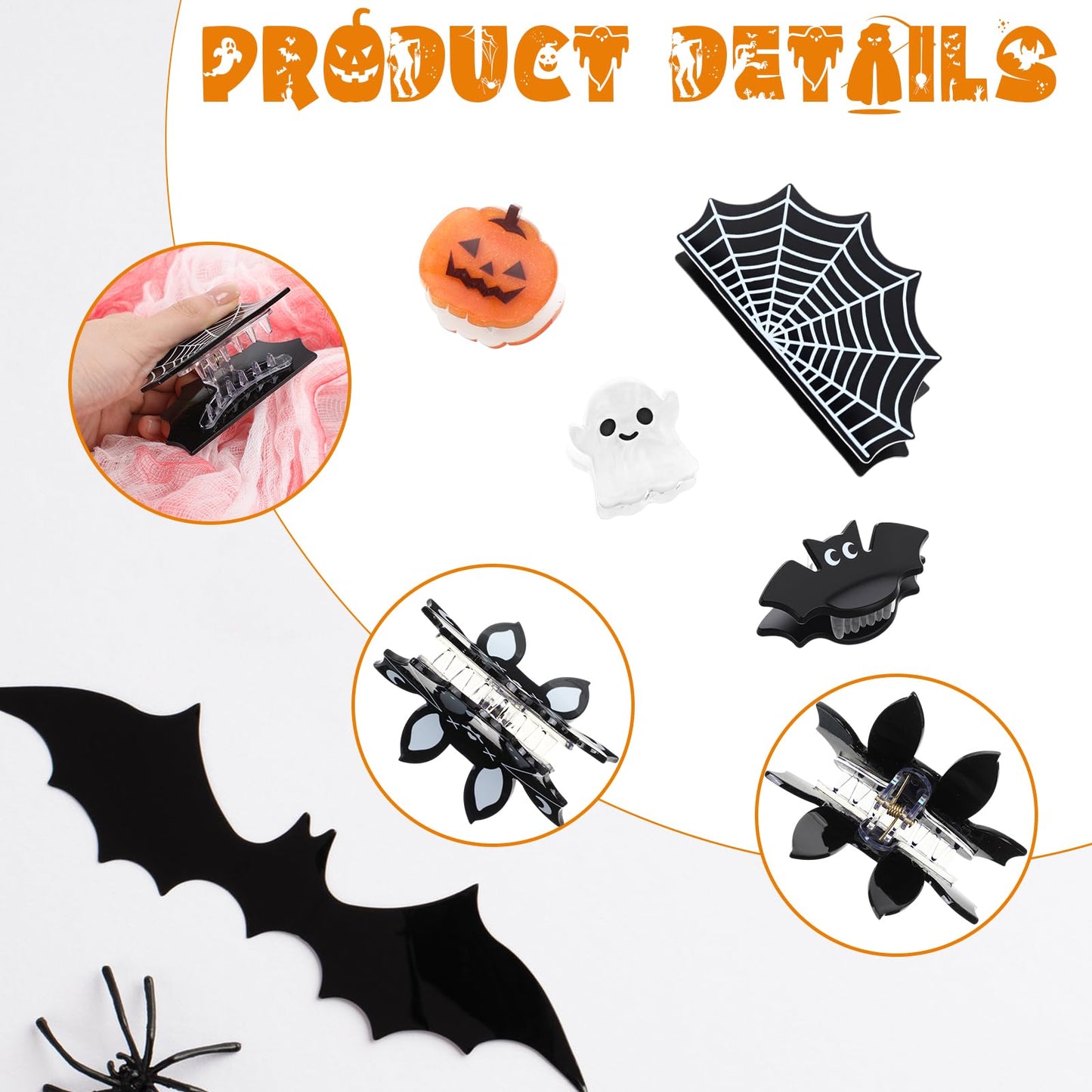 Capoda 11 Pcs Mini and Big Halloween Hair Claw Clips Set Ghost Bat Pumpkin Spider Web Candy Corn Designs Cute Hair Jaw Clips Acc