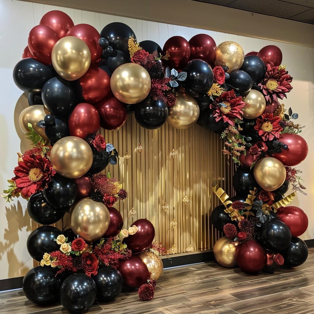Burgundy Black Gold Balloon Garland - Double Stuffed Dark Red Gold Balloons Maroon Black Balloon Arch Kit for Birthday Graduation Valentine Ceremony Prom Party Decoration