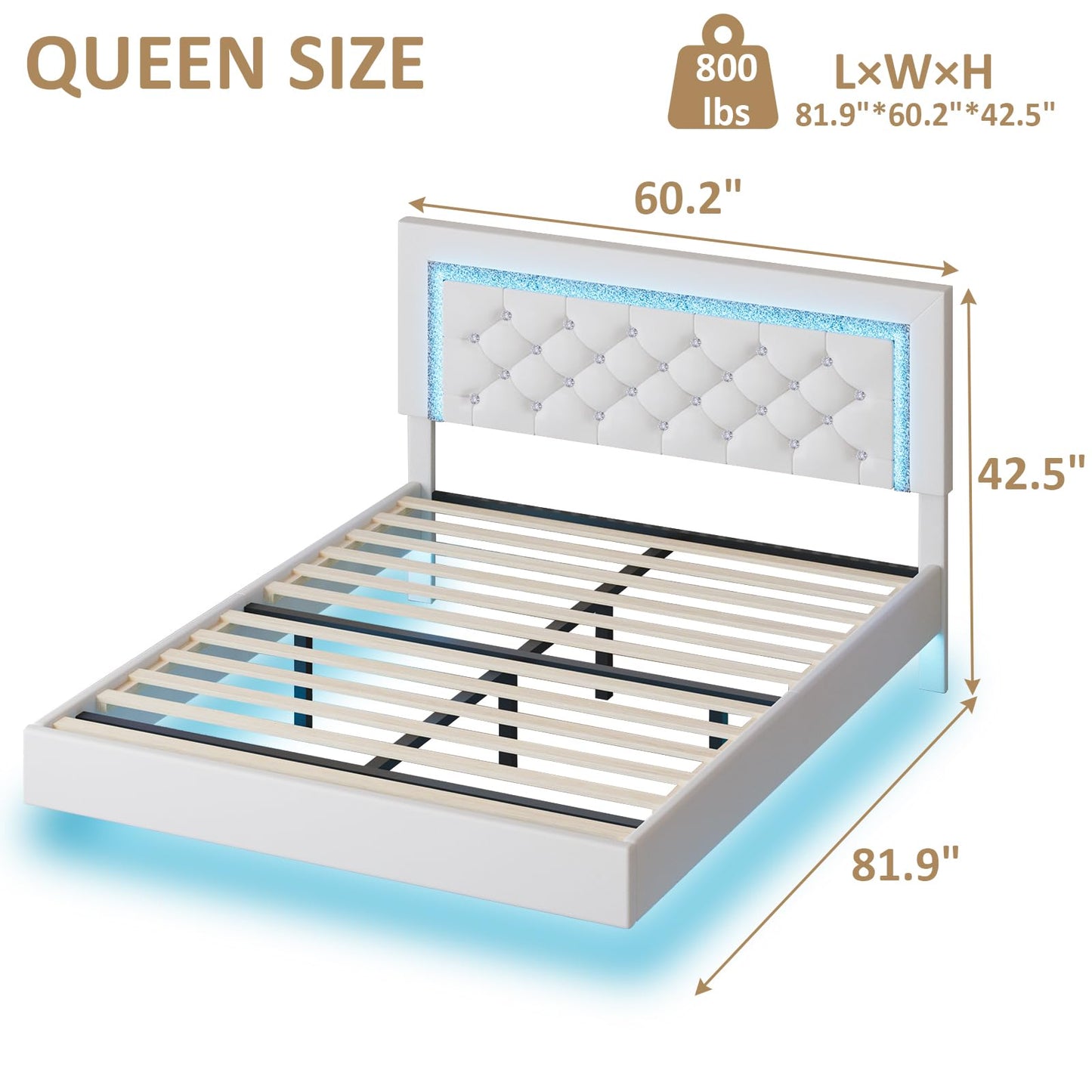 Floating Bed Frame Queen with LED Lights, Upholstered Platform Bed with Diamond Tufted Headboard, No Box Spring Needed, Noise Free, Easy Assembly, White