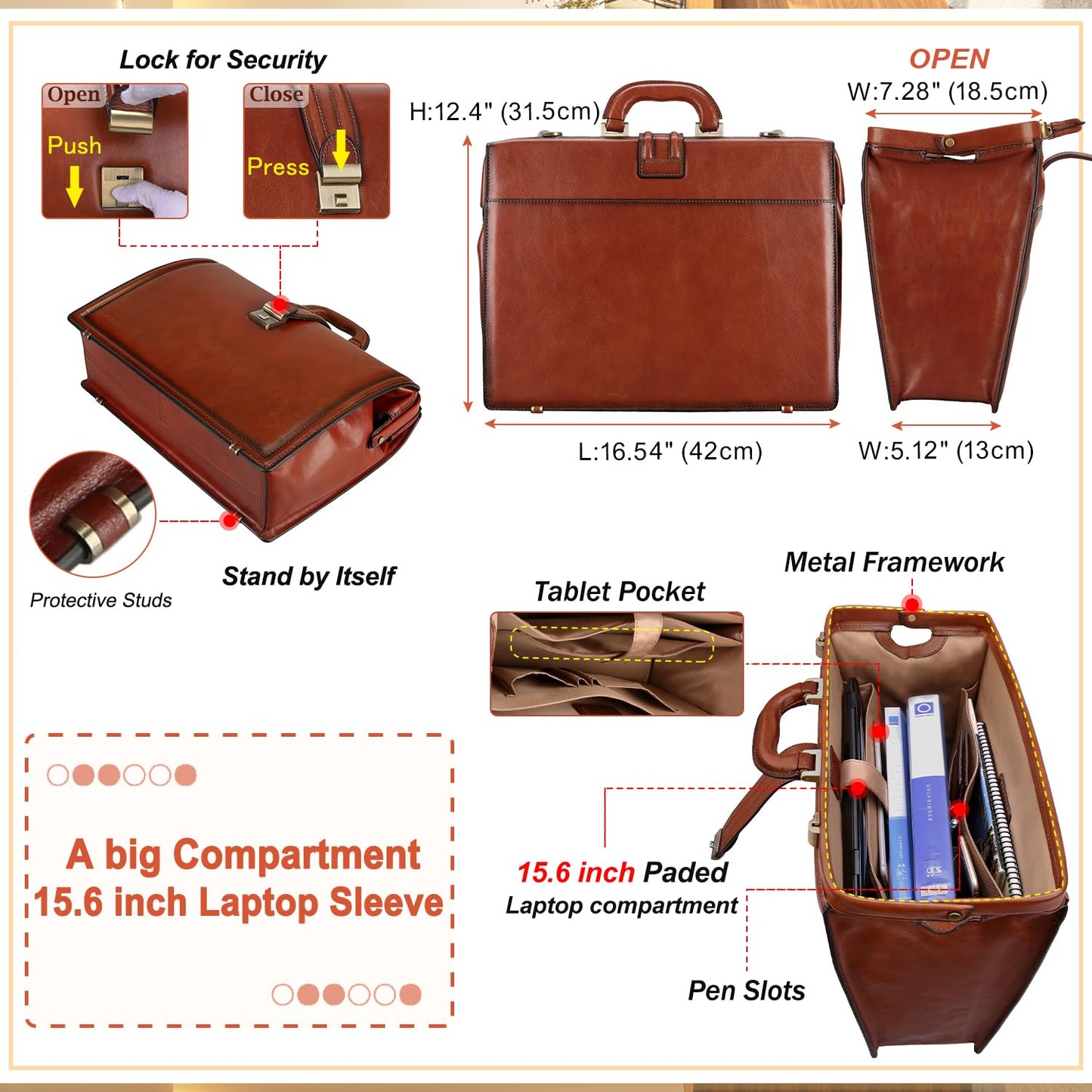 Banuce Premium Italian Full Grain Leather Briefcase for Men with Lock Fits 15.6 Inch Latop Legal Attorney Lawyer Briefcase Doctor Bag with Ergonomic Handle Office Work Business Travel Brown
