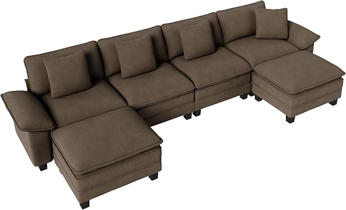 PHI VILLA Cloud Modular Couch Sets, 157.5" Sectional Sofa with U-Shaped Chaise, 6-Seater Couches with Movable Ottomans for Living Room, Chenille Fabric, Taupe