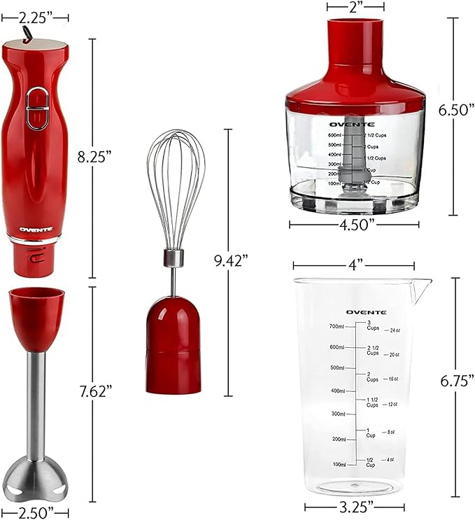 OVENTE Immersion Hand Blender Set, 300W Corded Electric Handheld Stick Mixer, 2 Mixing Speeds with Stainless Steel Blades, Egg Whisk, Beaker & BPA-Free Food Chopper, Red HS565R