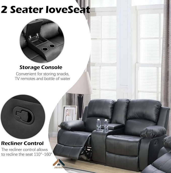 JBXBER Manual Recliner Sofa Set for Living Room, Leather Reclining Sofa Sets, Faux Leather Couch Set with Cup Holders, Drop-Down Table and Storage Console(Sofa and Loveseat,Black)