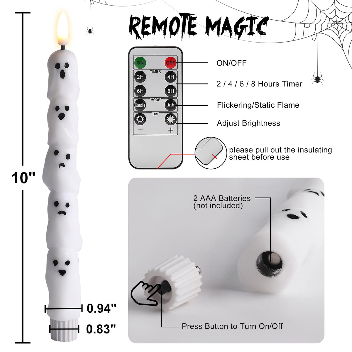 Eywamage White Ghost Flameless Taper Candles with Remote, Flickering Real Wax Battery LED Candlesticks Set of 4