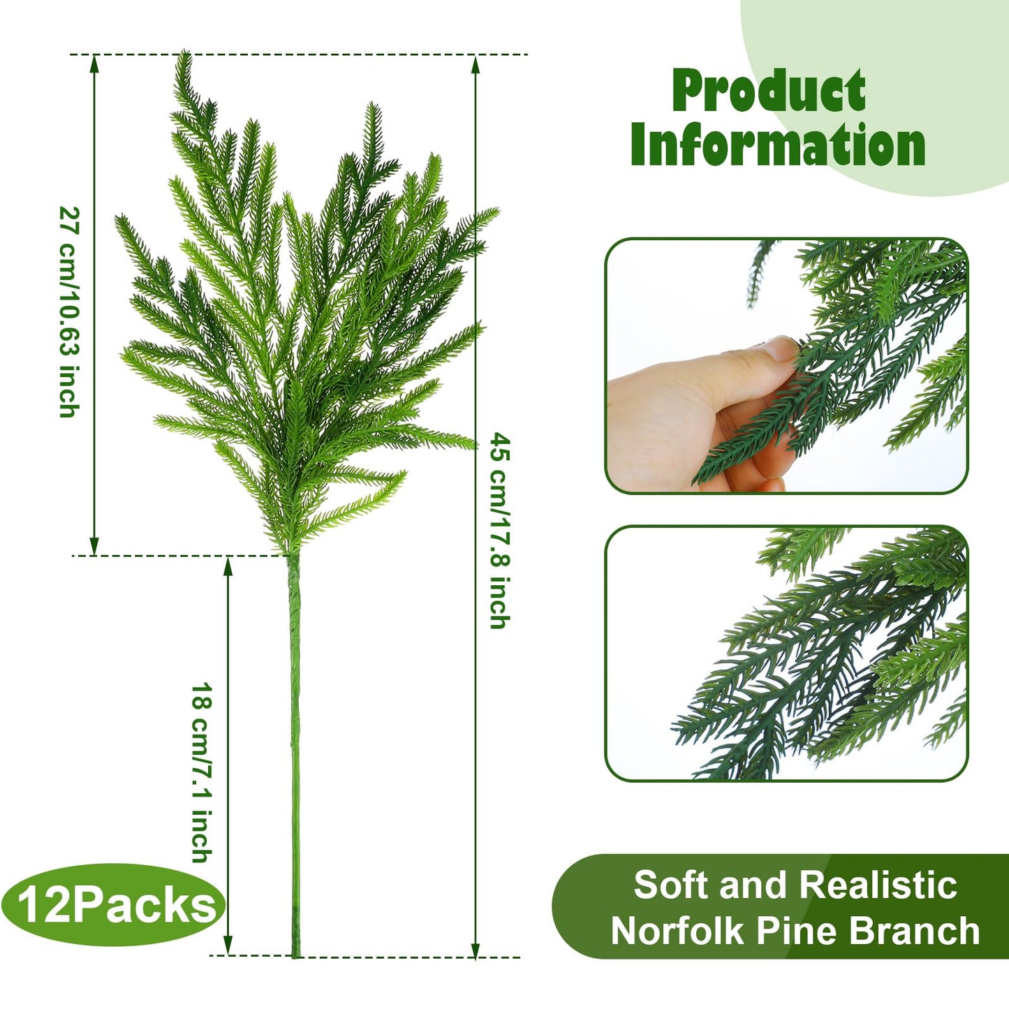 Jutom 12 Pcs Christmas Norfolk Pine Branches, Artificial Norfolk Branch Faux Stem Greenery Pine Picks for Vase DIY Crafts Christmas Garland Wreath Making Home Decor (18 Inches)
