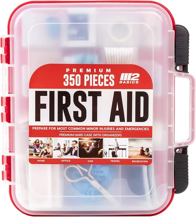M2 BASICS Professional 350-Piece Emergency First Aid Kit for Home, Business, Car, Vehicle & Office – Organized Dual-Layer Hard Case, Wall-Mountable Medical Supply Organizer, OSHA Workplace Safety