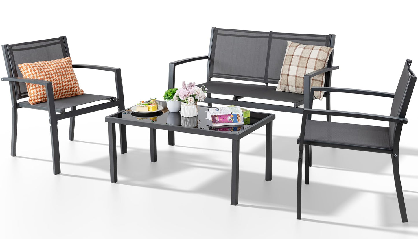 Shintenchi 4 Pieces Patio Furniture Set All Weather Textile Fabric Outdoor Conversation Set, with Glass Coffee Table, Loveseat, 2 Single Chairs for Home, Garden, Lawn, Porch(Gray)
