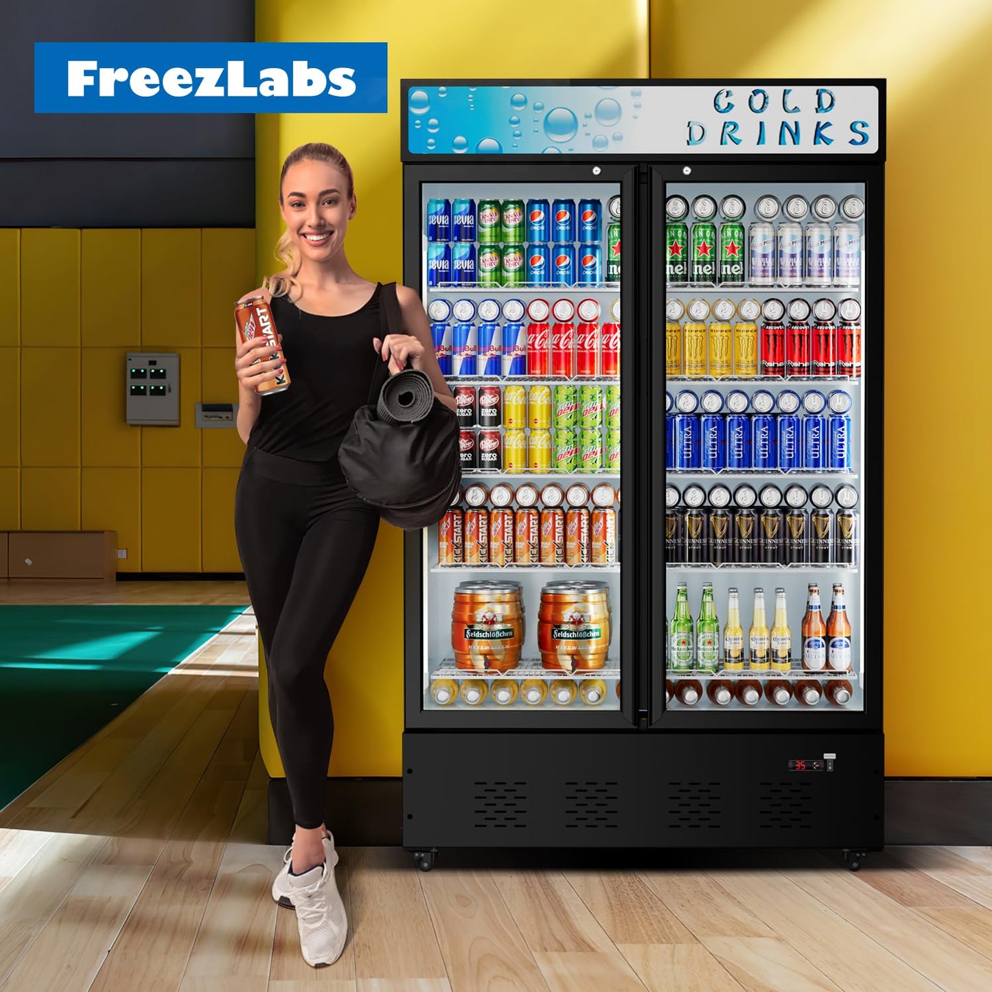 FreezLabs Commercial Glass Door Display Refrigerator 40 Cu.ft Cooler Commercial Display Beverage Refrigerators with LED Light and 10 Shelves for Cafe Restaurant Store Bar