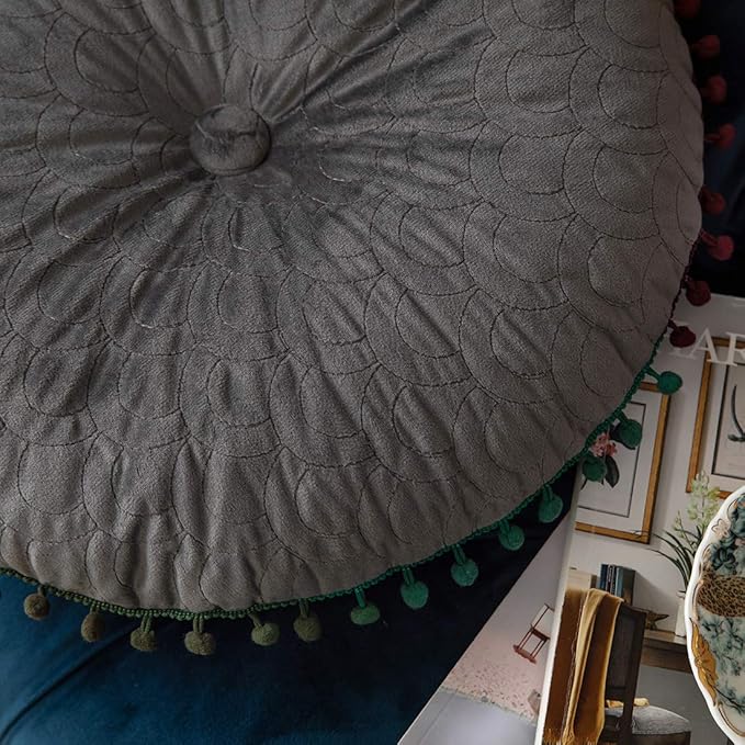 vctops Velvet Soft Round Chair Pads Cute Gradient Pom Pom Indoor Dining Chairs Cushion (Grey, Diameter 16")