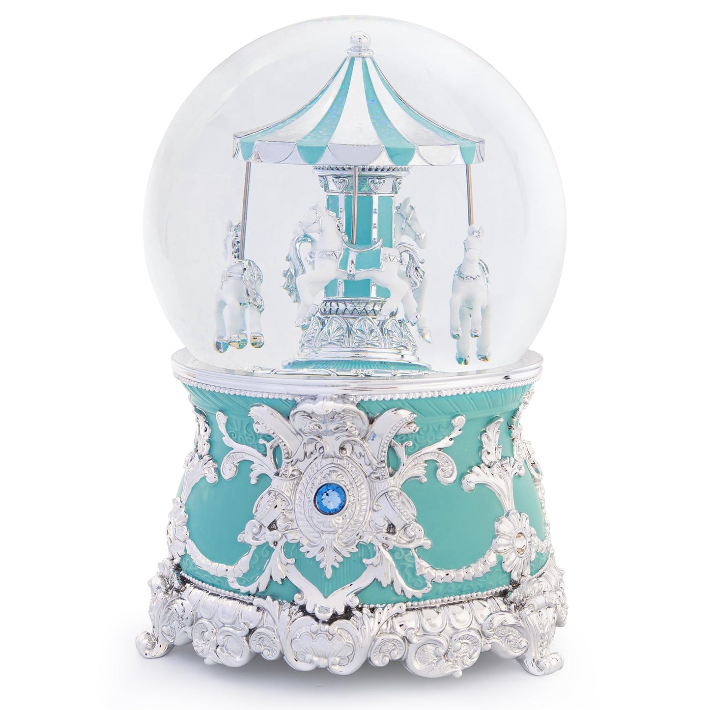 Carousel Music Box Silver Mint Christmas Snow Globes, 7.1" Glass Rotate Carousel Snow Globe for Kids & Adults, Classic Wind up Musical Snow Globe Birthday Gifts, Carousel Horse Home Decor