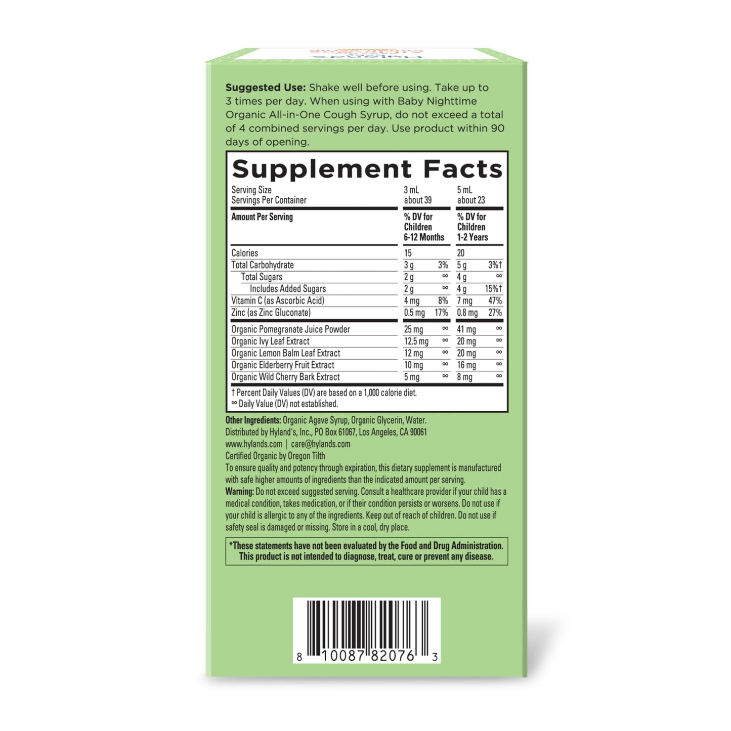 Hyland's Baby Organic All in One Daytime Cough Syrup + Immune Support with Elderberry, Vitamin C & Zinc, 4 Fl Oz