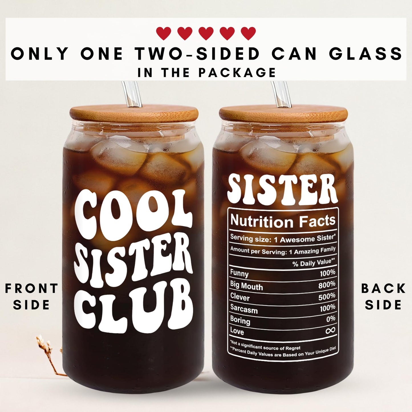 GINGULMINA Gifts for Sister - Birthday, Mothers Day, Christmas Sister Gifts from Sisters, Brother, Bro - Sisters Gift for Women, Sibling, Bestie, Women, Sis - 16 Oz 2-sided Can Glass
